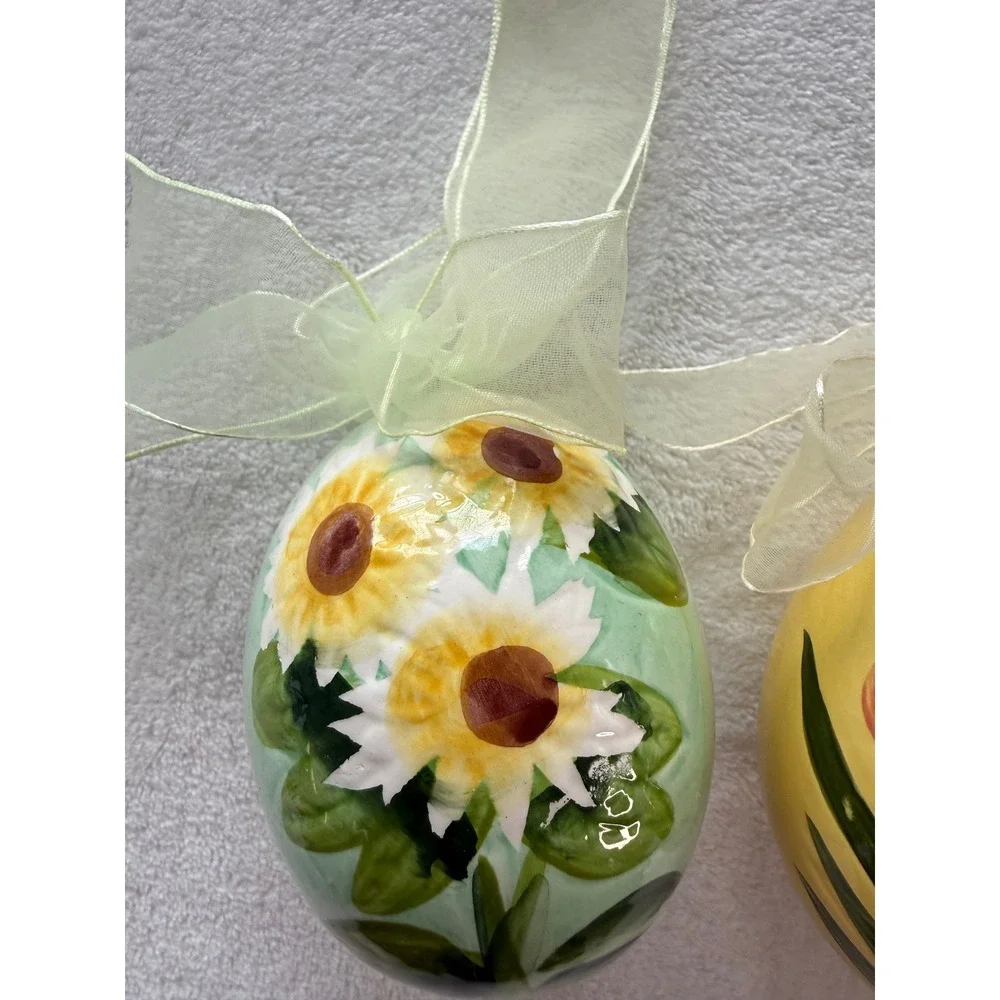Vintage Set of 2‎ Floral Hand Painted Ceramic Egg Ornaments Sunflowers Tulips